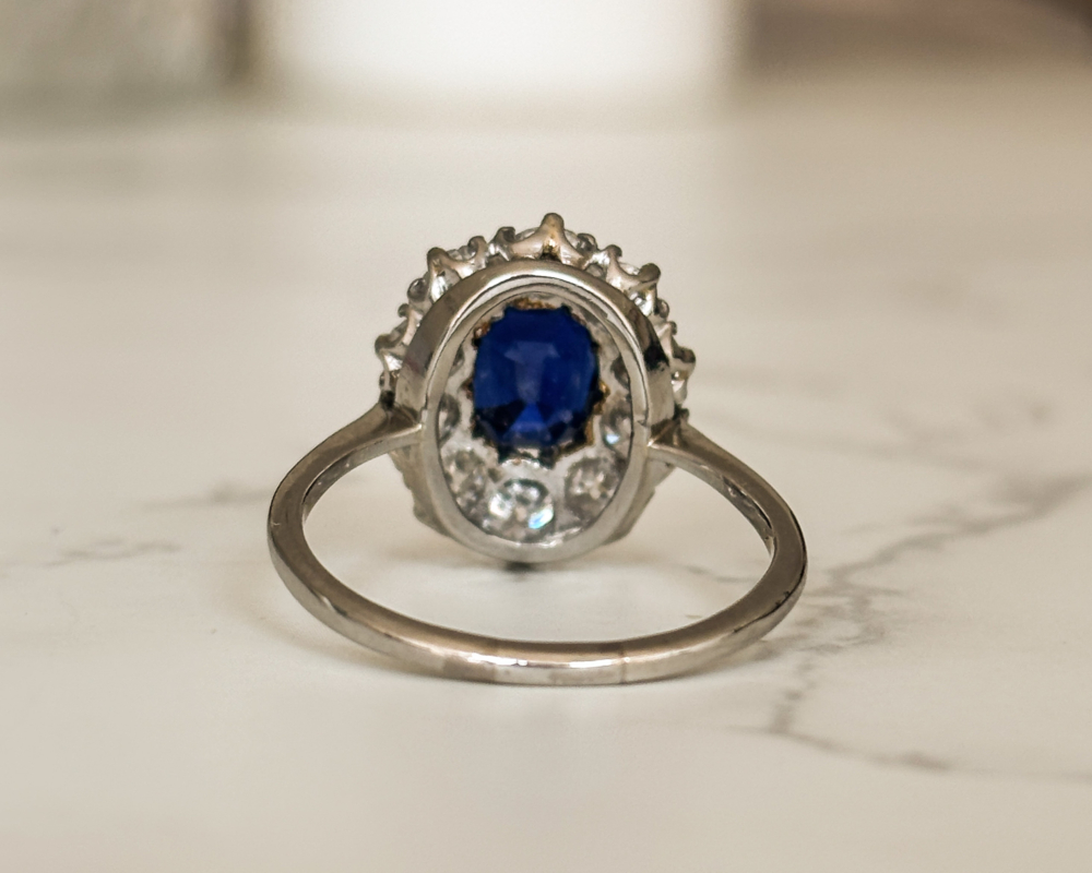 Antique Edwardian sapphire and diamond cluster ring in platinum for sale in Leeds showing back of the ring