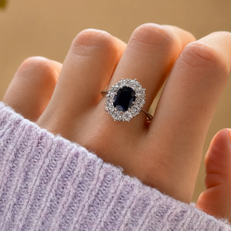 Antique Edwardian sapphire and diamond cluster ring in platinum for sale in Leeds shown on model's hand
