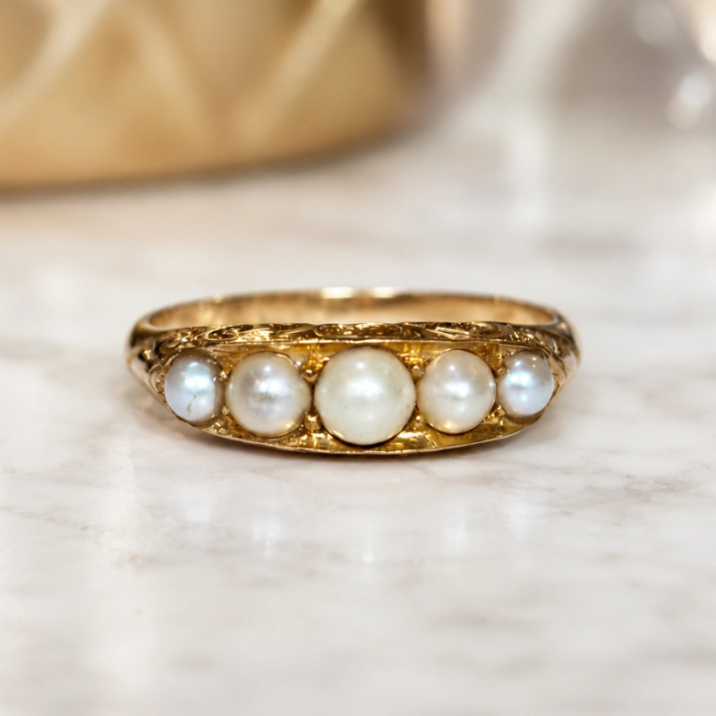 Victorian seed pearl half hoop ring in 18ct gold dated 1899. For sale in Leeds