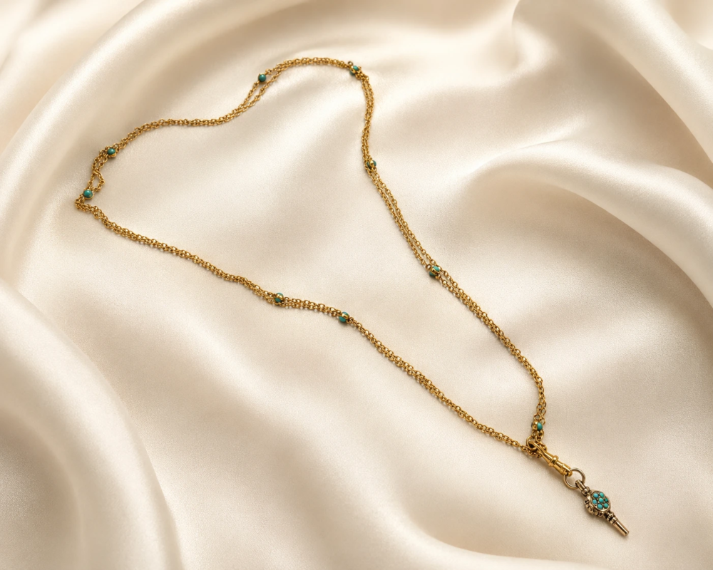 antique Victorian 9ct gold and turquoise long chain and key pendant for sale in Leeds