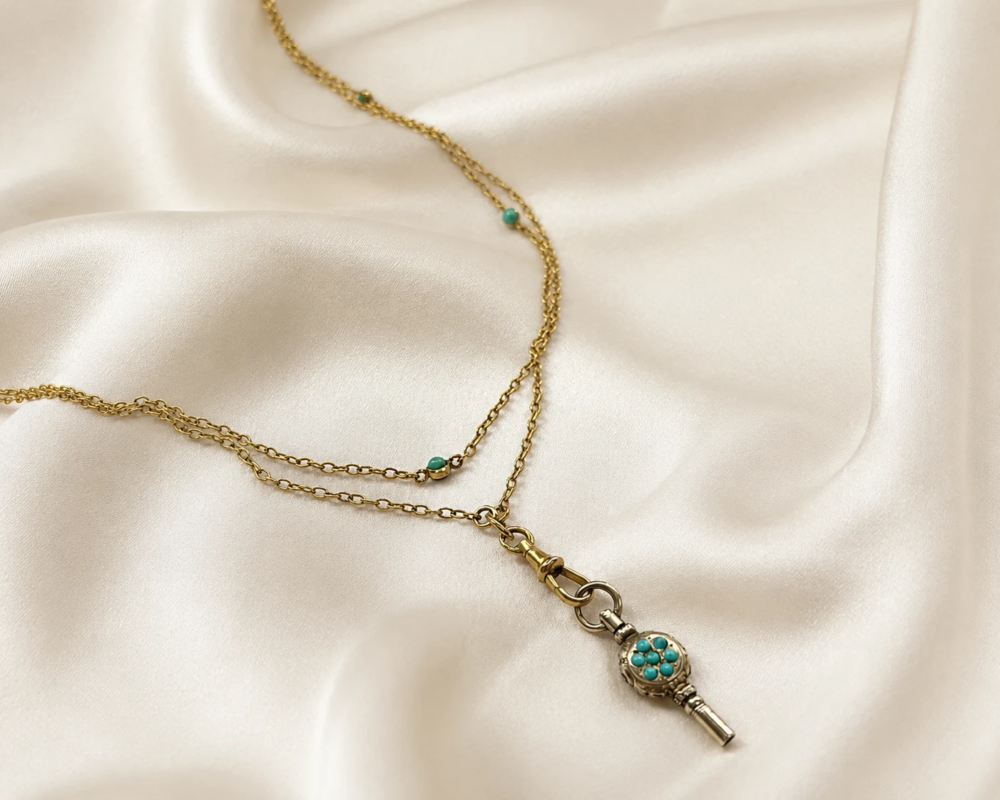 antique Victorian 9ct gold and turquoise long chain and key pendant for sale in Leeds