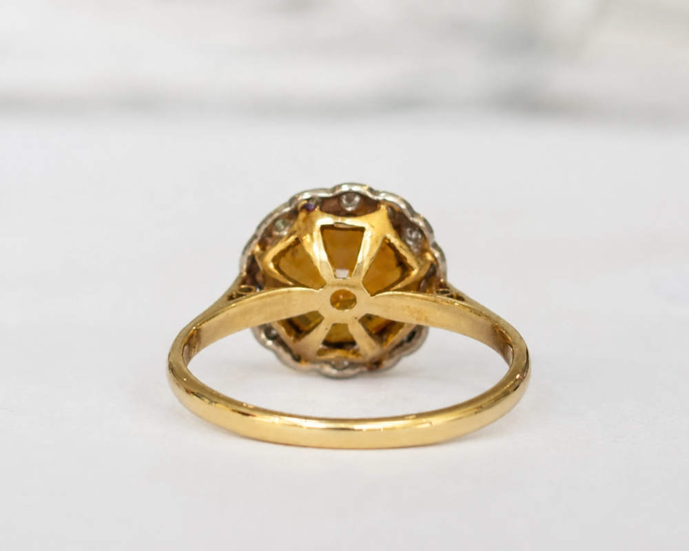 antique citrine and diamond cluster ring in 18ct yellow gold for sale in Leeds, showing back profile