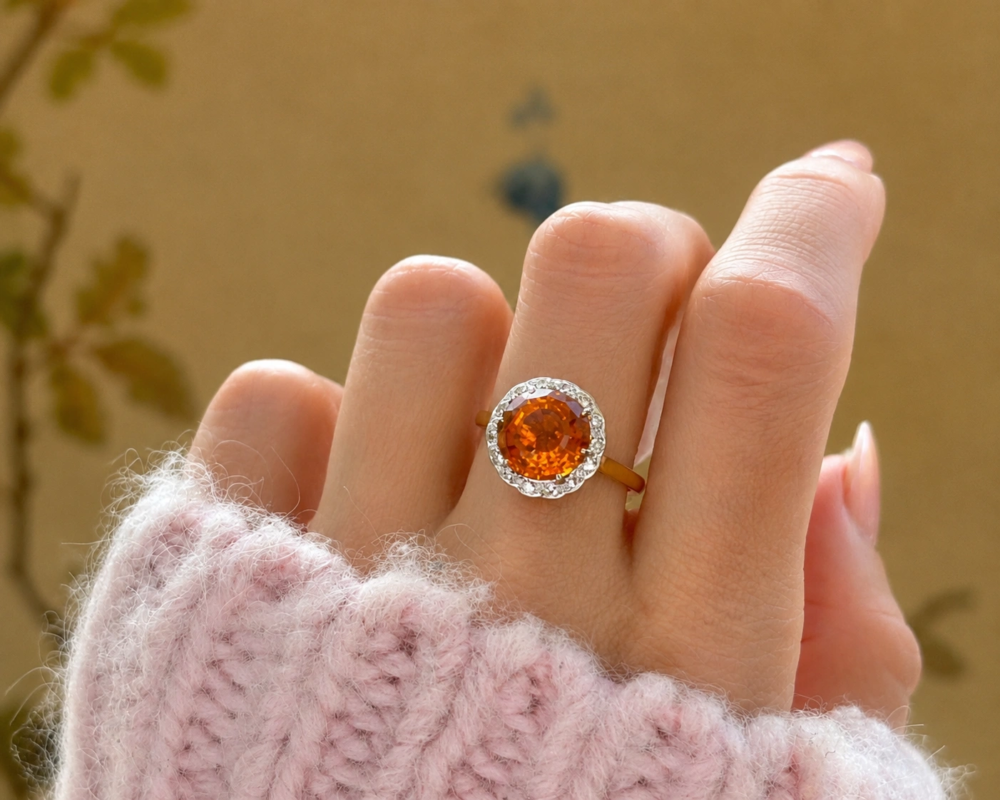 antique citrine and diamond cluster ring in 18ct yellow gold for sale in Leeds shown on hand
