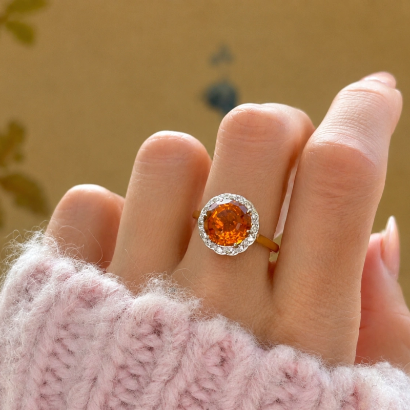 antique citrine and diamond cluster ring in 18ct yellow gold for sale in Leeds shown on hand