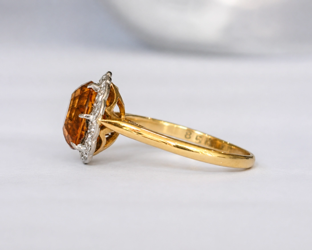 antique citrine and diamond cluster ring in 18ct yellow gold for sale in Leeds, showing side profile