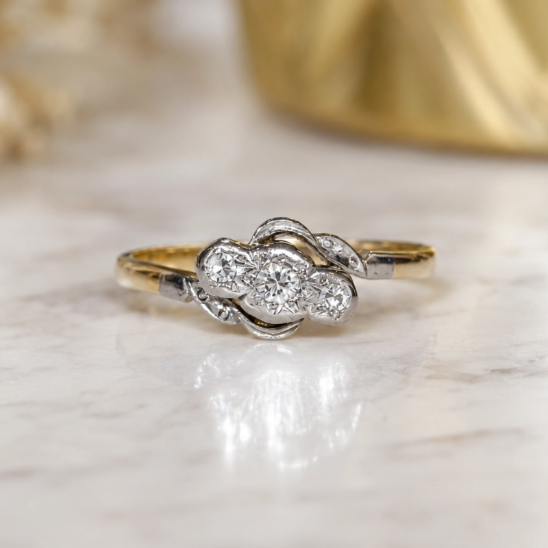 antique diamond bypass ring in 18ct yellow gold for sale in Leeds