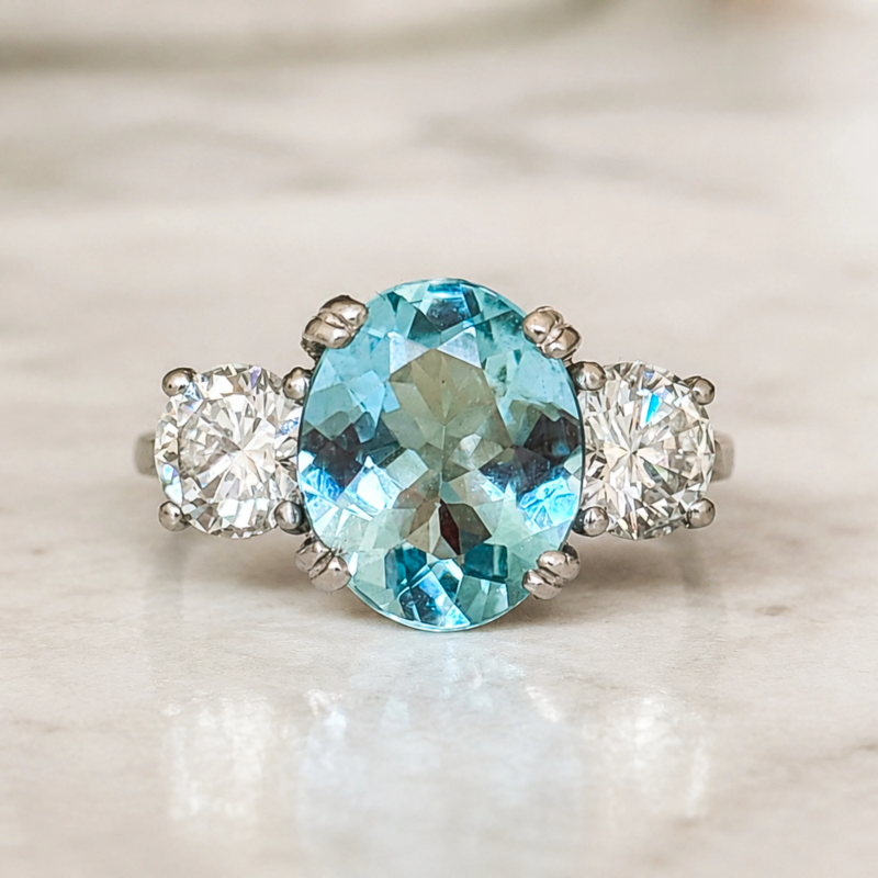 vintage style aquamarine and diamond three stone ring for sale in Leeds