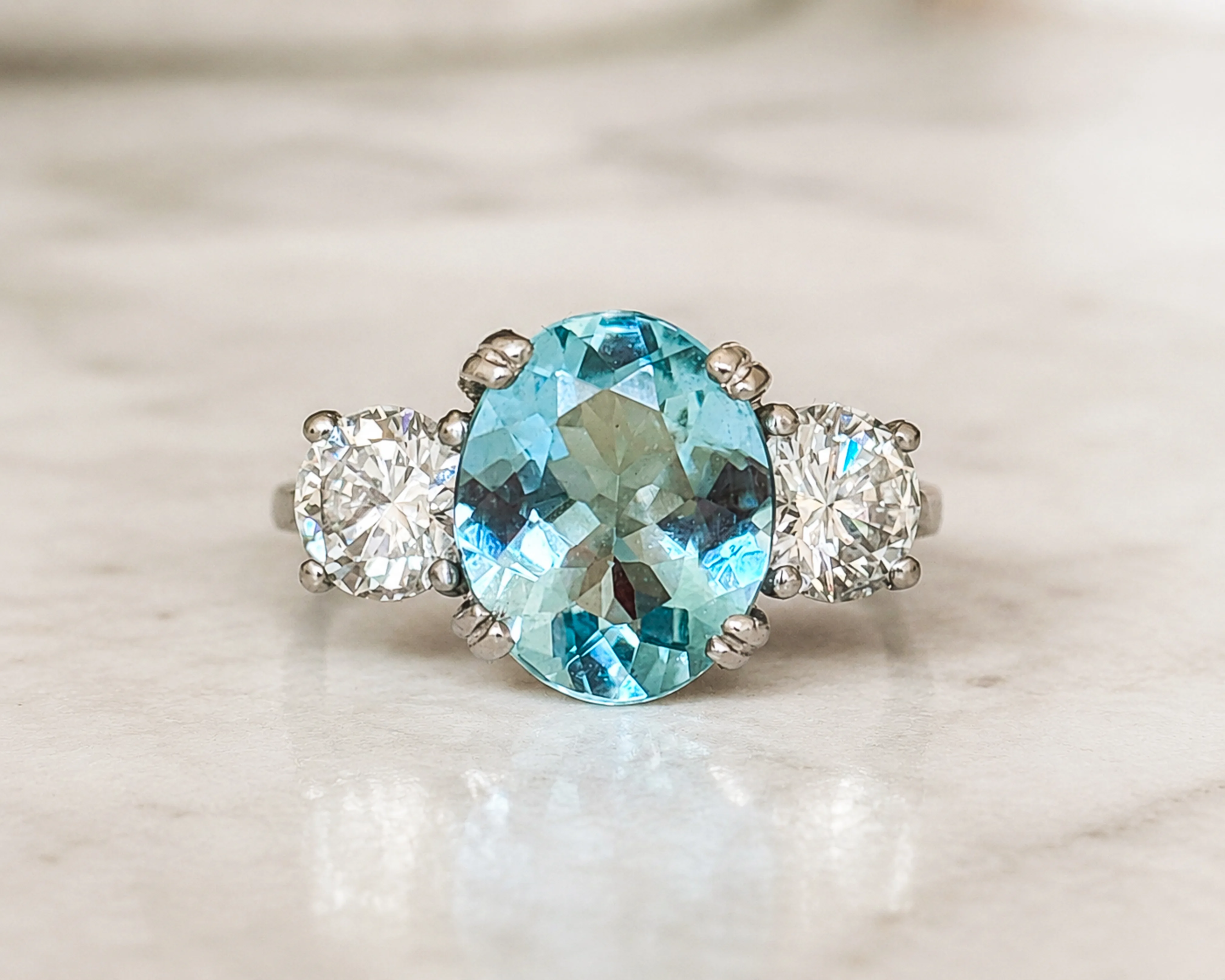 vintage style aquamarine and diamond three stone ring for sale in Leeds