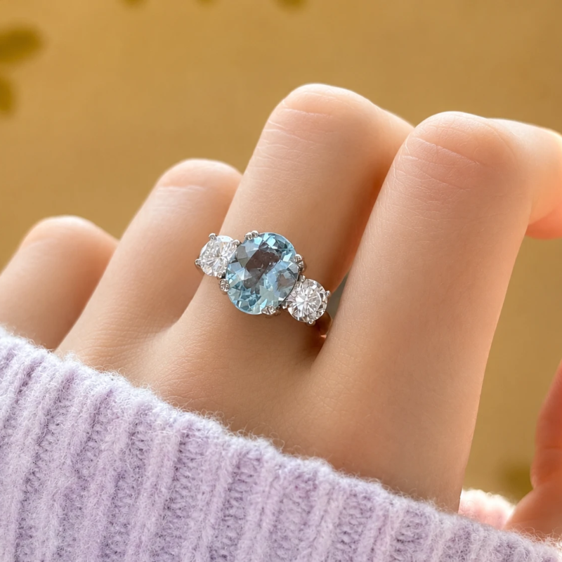 Vintage style aquamarine and diamond three stone ring for sale in Leeds on model