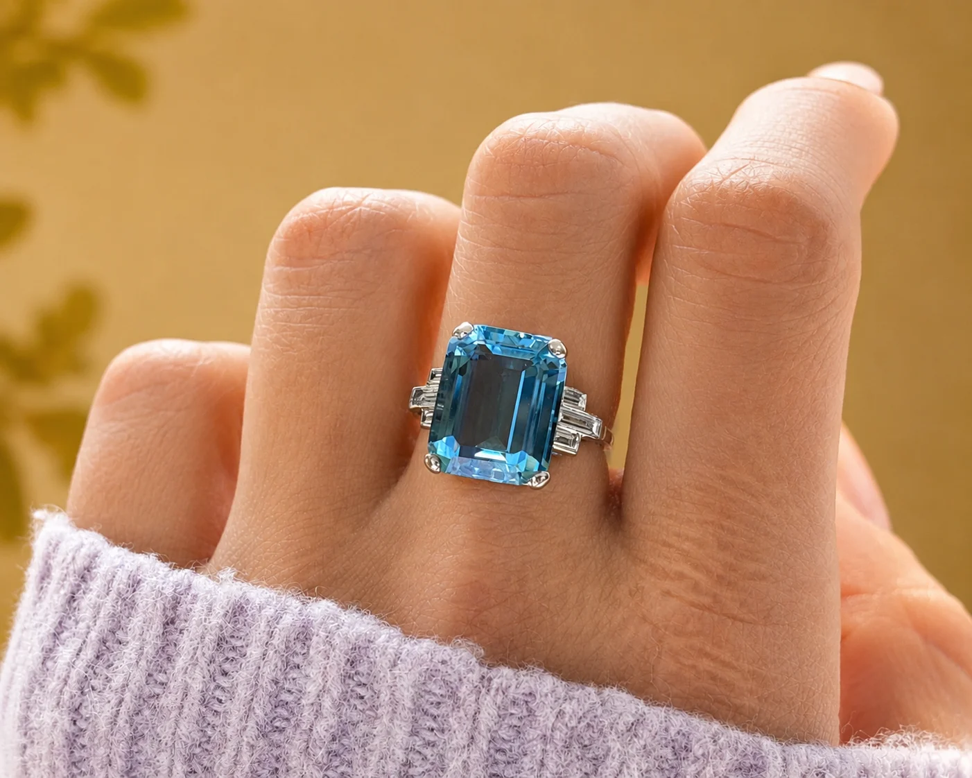 art deco aqua ring on hand