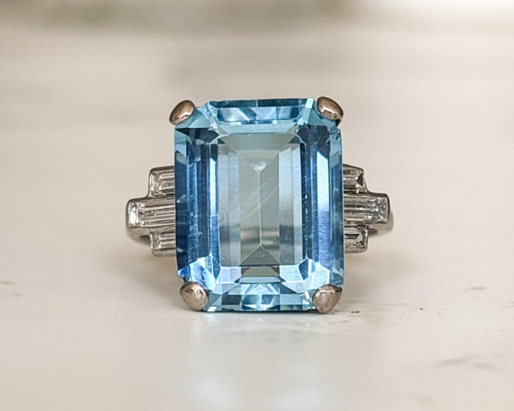 Art Deco aquamarine and baguette diamond ring in platinum for sale in Leeds