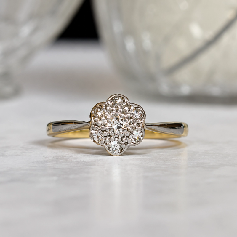 art deco diamond daisy cluster ring in 18ct gold and platinum for sale in leeds