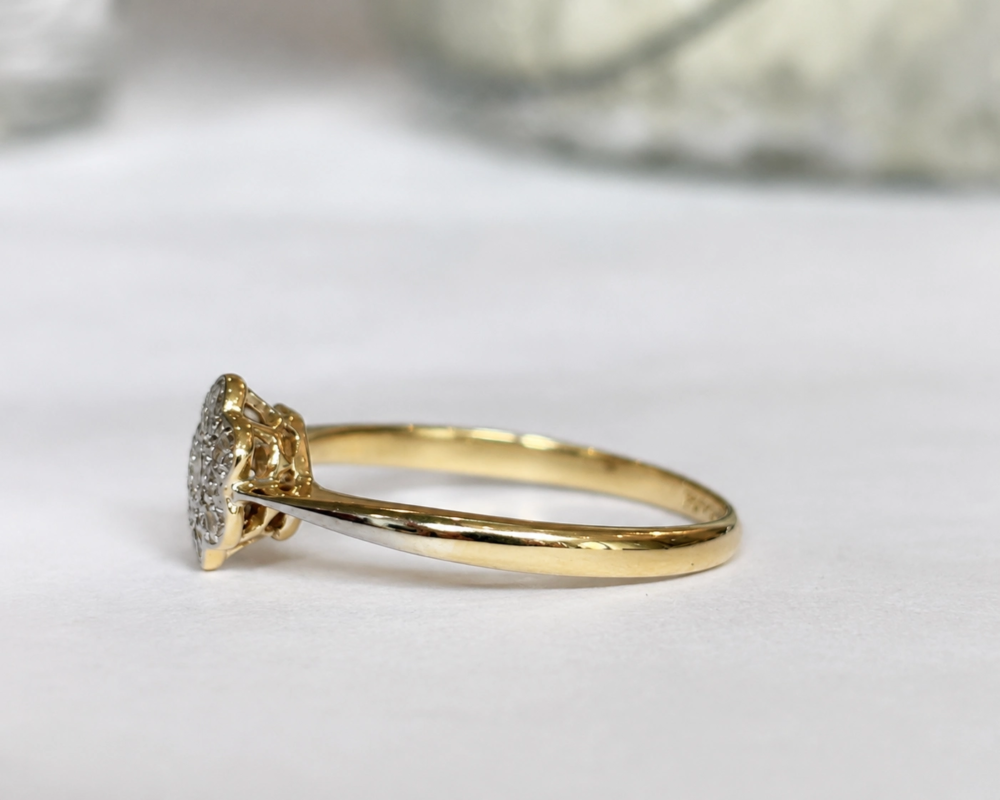 art deco diamond daisy cluster ring in 18ct gold and platinum for sale in leeds showing side 2