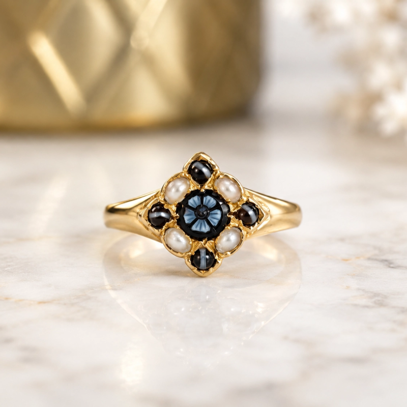 antique Victorian banded agate and seed pearl ring in 18ct yellow gold for sale in Leeds