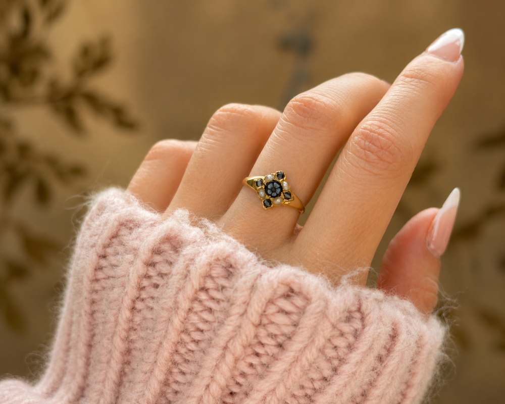 antique Victorian banded agate and seed pearl ring in 18ct yellow gold for sale in Leeds on model's hand