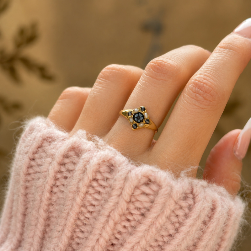 antique Victorian banded agate and seed pearl ring in 18ct yellow gold for sale in Leeds on model's hand