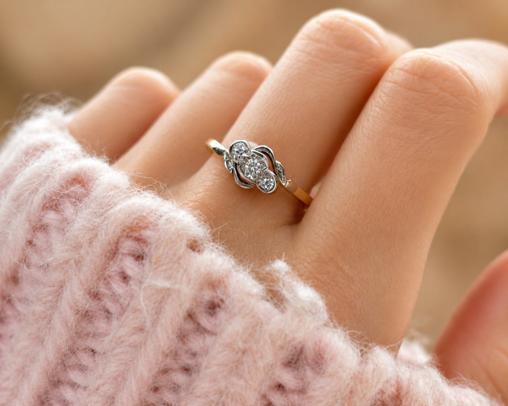 antique diamond bypass ring in 18ct yellow gold for sale in Leeds on the finger
