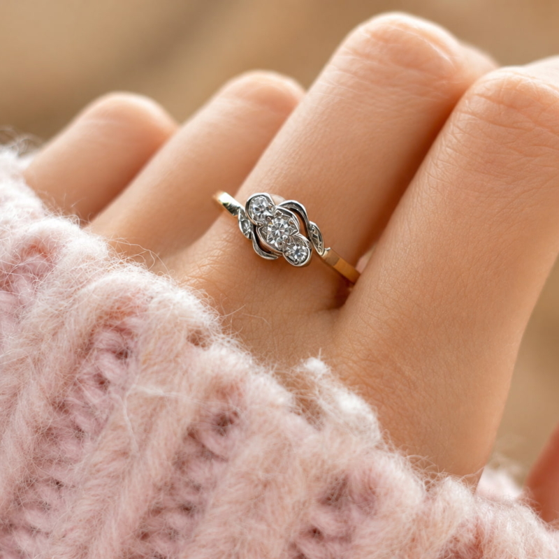 antique diamond bypass ring in 18ct yellow gold for sale in Leeds on the finger