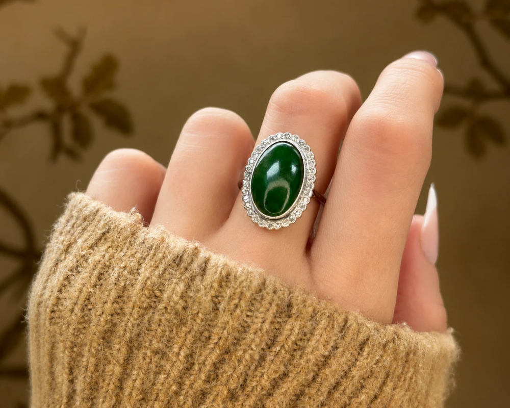 antique Art deco chalcedony and diamond halo cluster ring in platinum for sale in Leeds, shown on model
