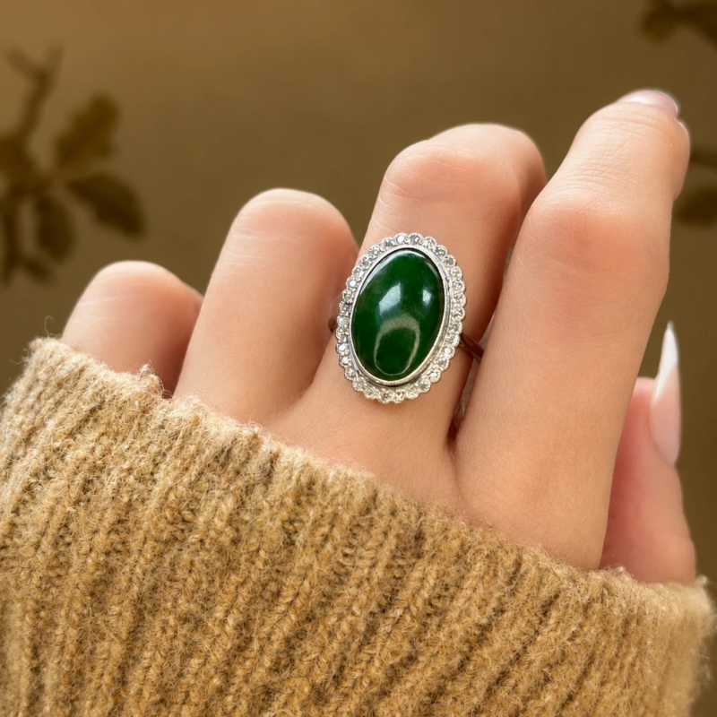 antique Art deco chalcedony and diamond halo cluster ring in platinum for sale in Leeds, shown on model