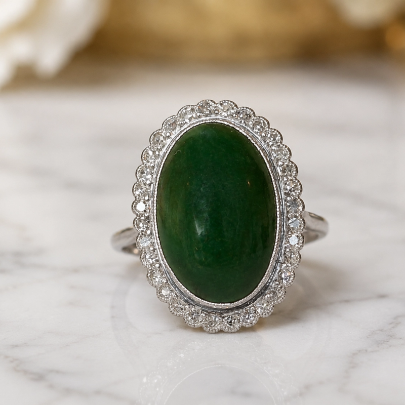 antique Art deco chalcedony and diamond halo cluster ring in platinum for sale in Leeds