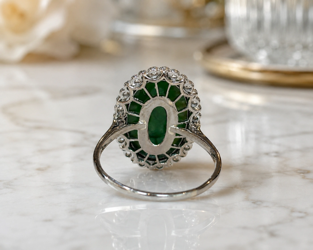 antique Art deco chalcedony and diamond halo cluster ring in platinum for sale in Leeds showing back view