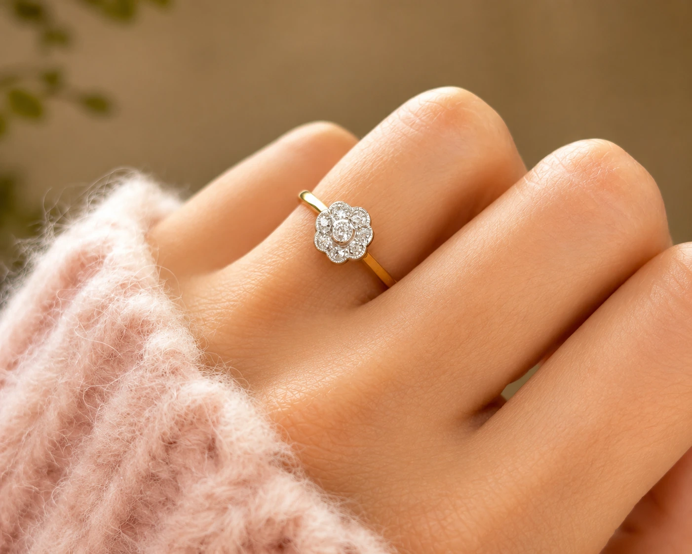 antique diamond daisy ring with old cut diamonds in 18ct gold and platinum for sale in Leeds on women's hand