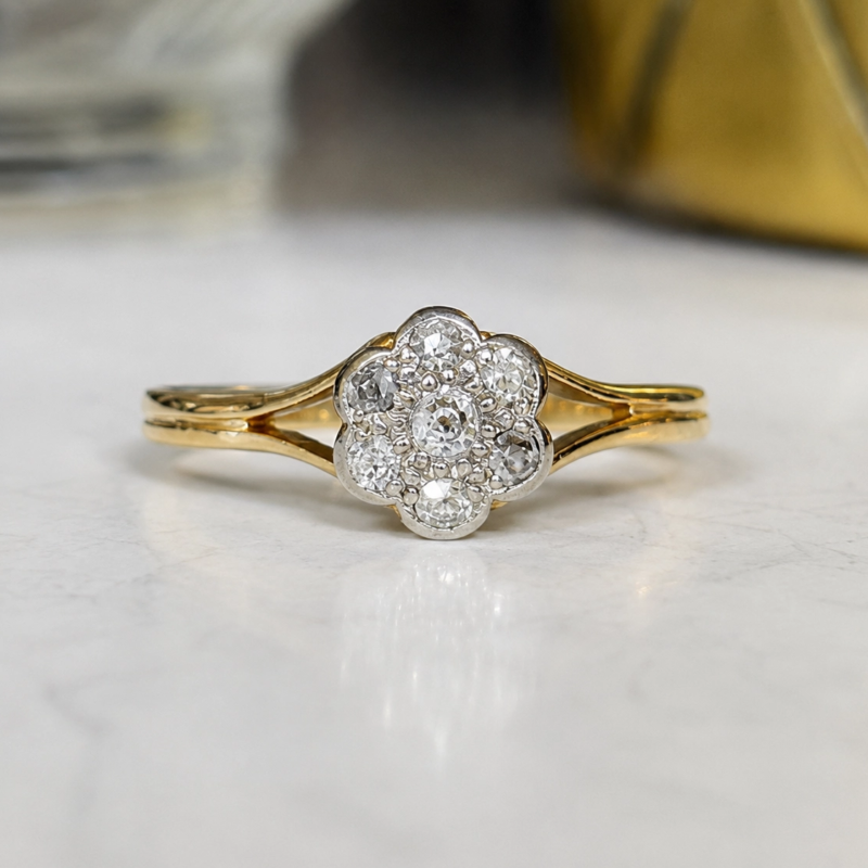 Art Deco daisy ring with split shank 18ct gold shoulders for sale in Leeds