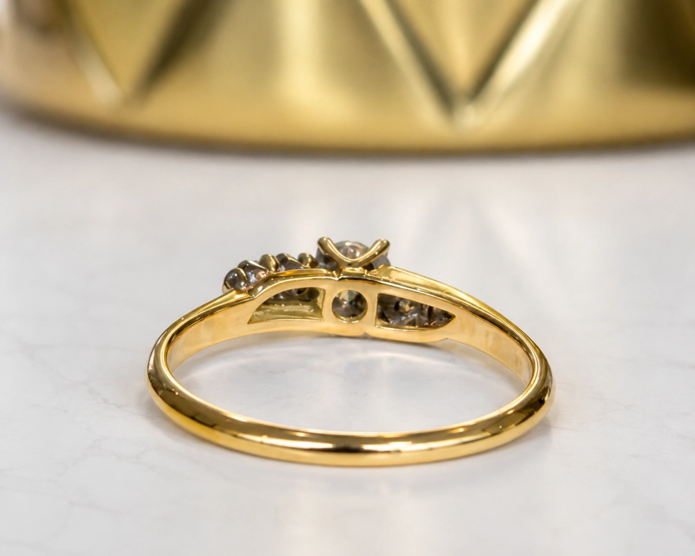 antique 1930s diamond ring with diamond shoulders, showing back view