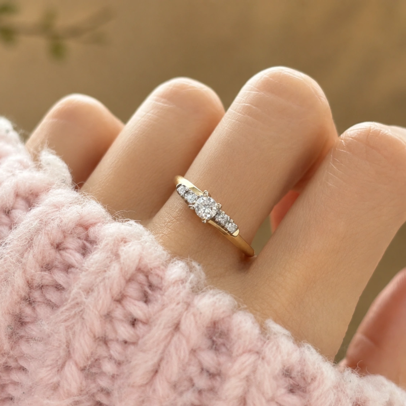 antique 1930s diamond ring with diamond shoulders, shown on hand