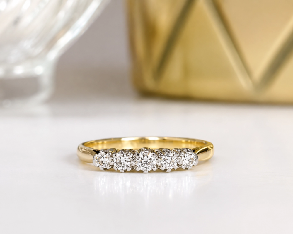 antique 1930s diamond five stone ring in 18ct yellow gold and platinum for sale in Leeds