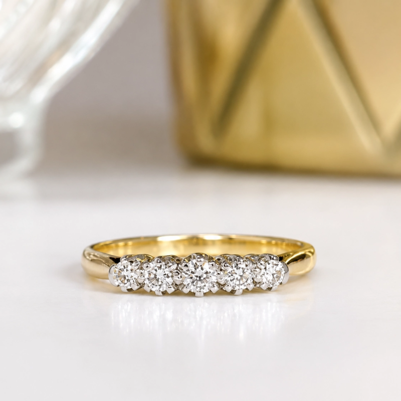antique 1930s diamond five stone ring in 18ct yellow gold and platinum for sale in Leeds