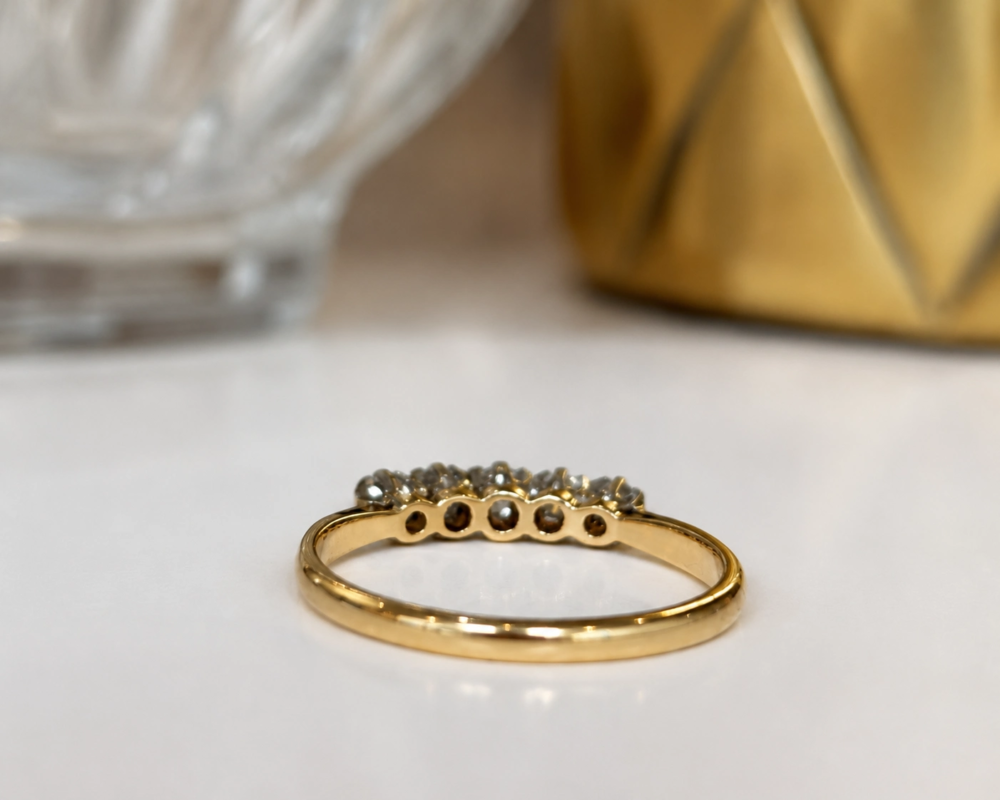 antique 1930s diamond five stone ring in 18ct yellow gold and platinum for sale in Leeds rear view