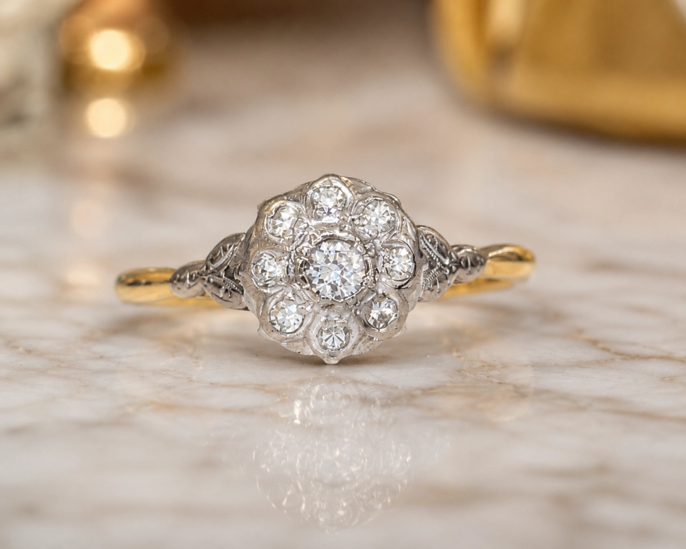 antique 1930s diamond cluster ring in 18ct yellow gold and platinum for sale in Leeds