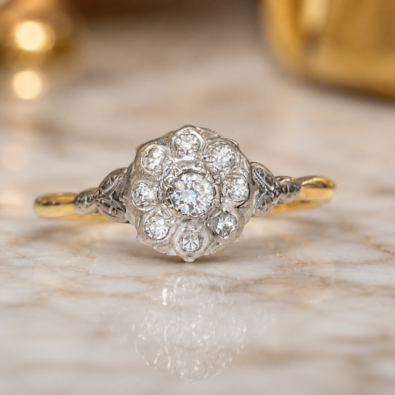 antique 1930s diamond cluster ring in 18ct yellow gold and platinum for sale in Leeds