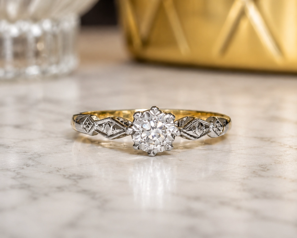 art deco illusion set diamond solitaire in 18ct yellow gold and platinum for sale in Leeds