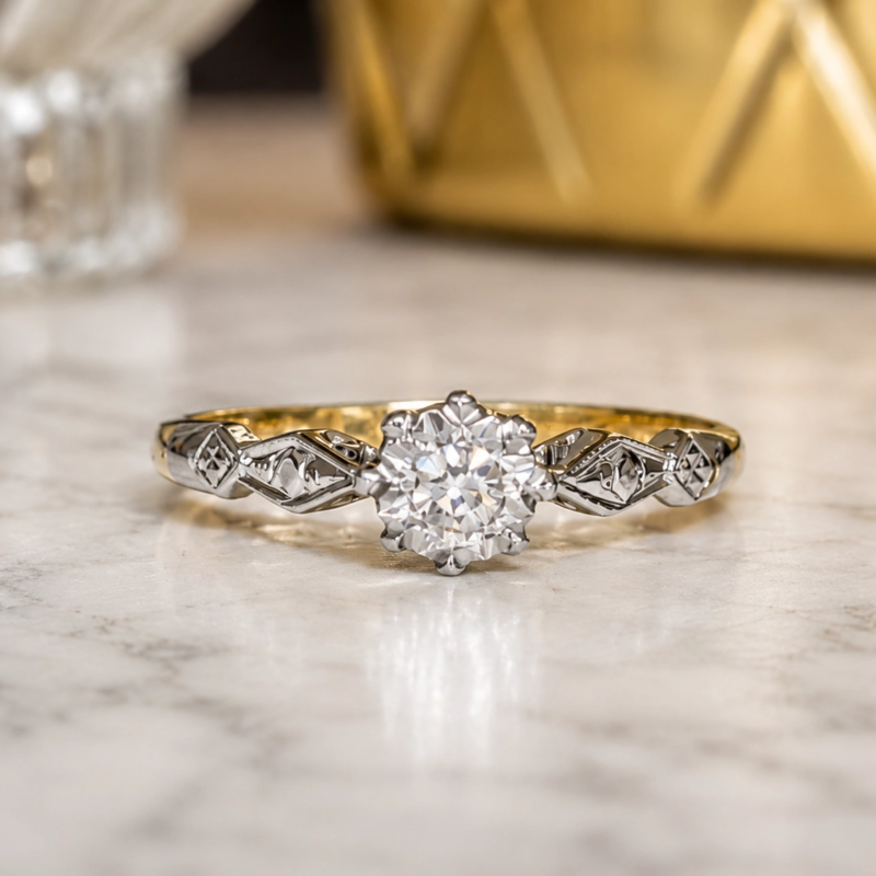 art deco illusion set diamond solitaire in 18ct yellow gold and platinum for sale in Leeds