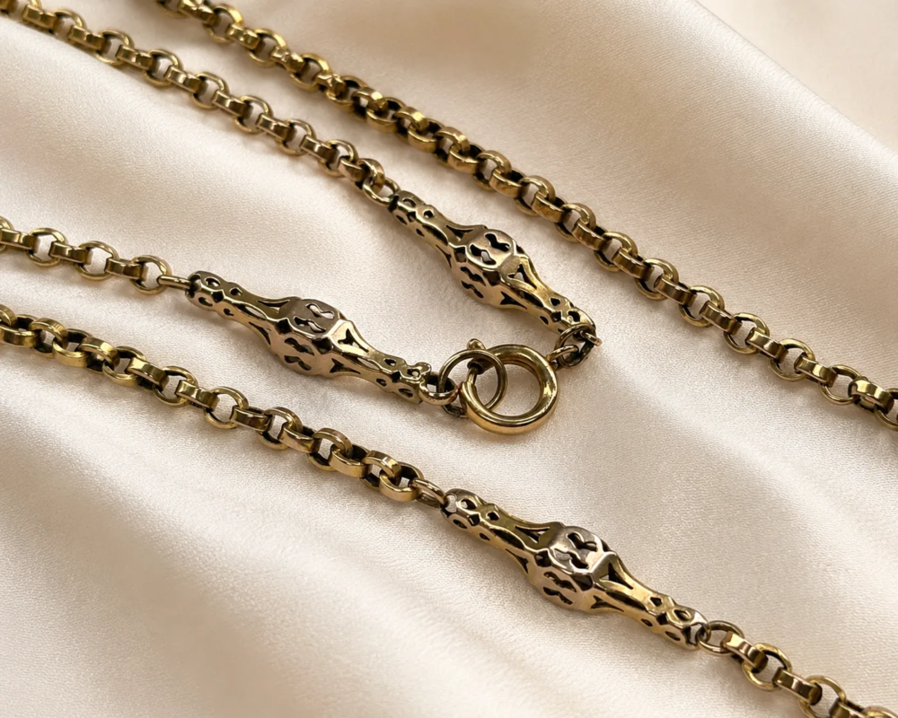 long gold Victorian link chain Victorian long 9ct gold chain with decorative panels for sale in Leeds