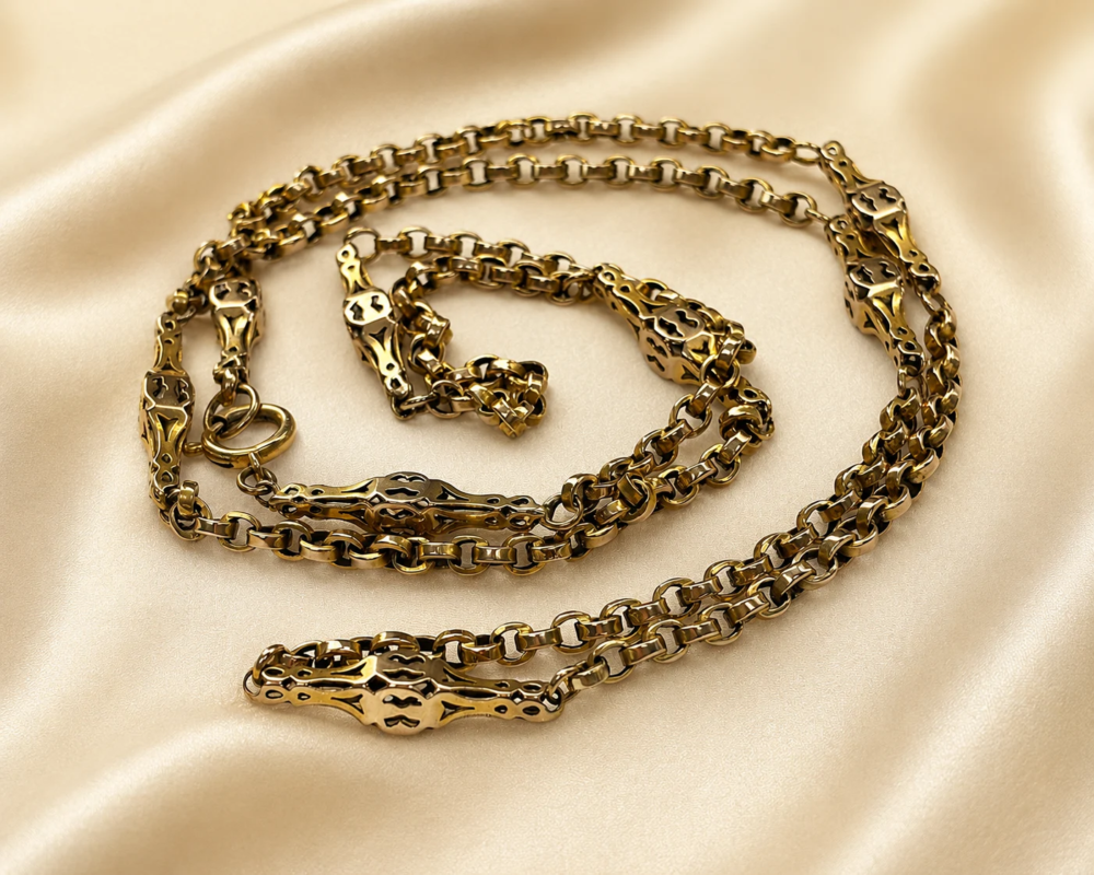 Victorian long 9ct gold chain with decorative panels for sale in Leeds