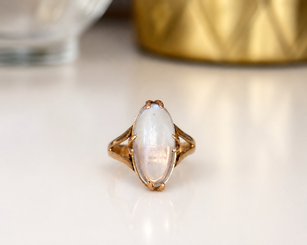 antique moonstone ring dated 1921 in 9ct rose gold for sale in Leeds