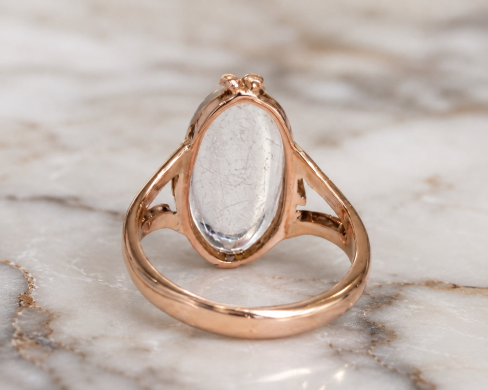 antique moonstone ring dated 1921 in 9ct rose gold for sale in Leeds, showing rear view of the ring