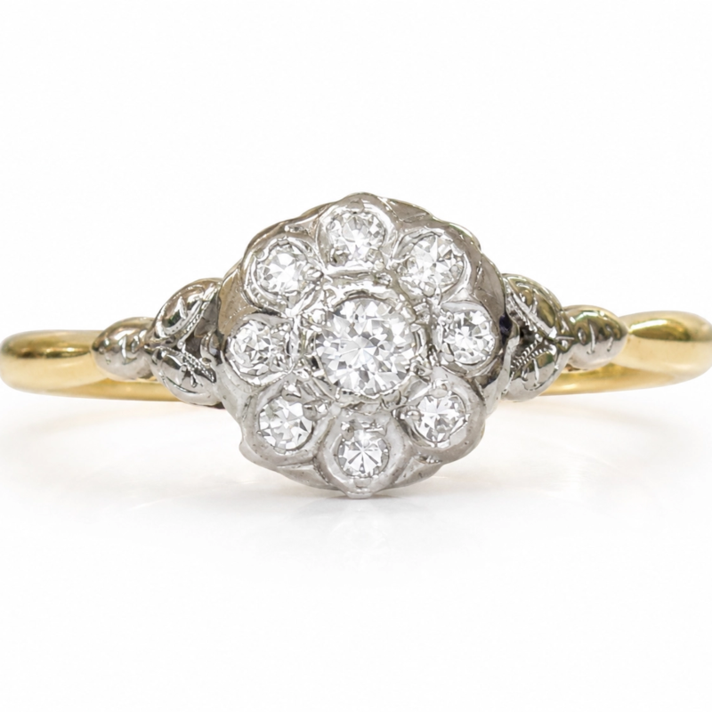 antique 1930s diamond cluster ring in 18ct yellow gold and platinum for sale in Leeds