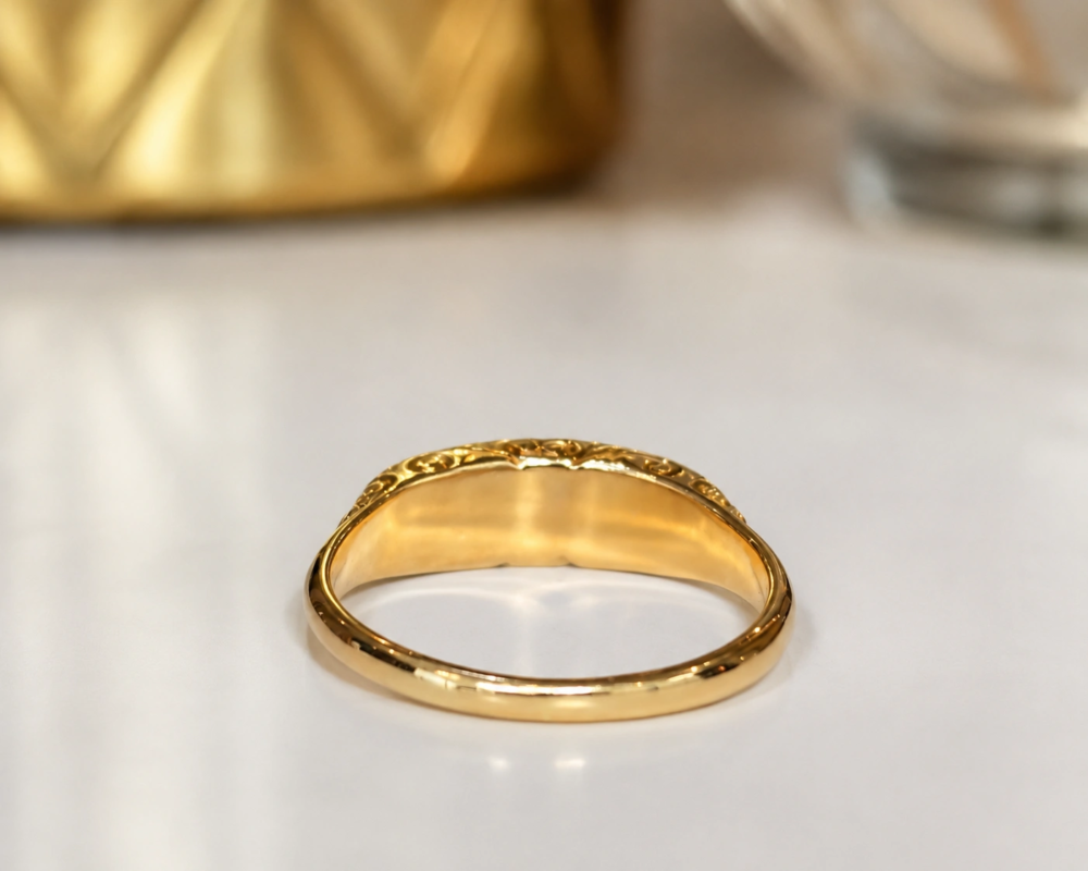 Victorian seed pearl half hoop ring in 18ct gold dated 1899. For sale in Leeds, rear view of the ring