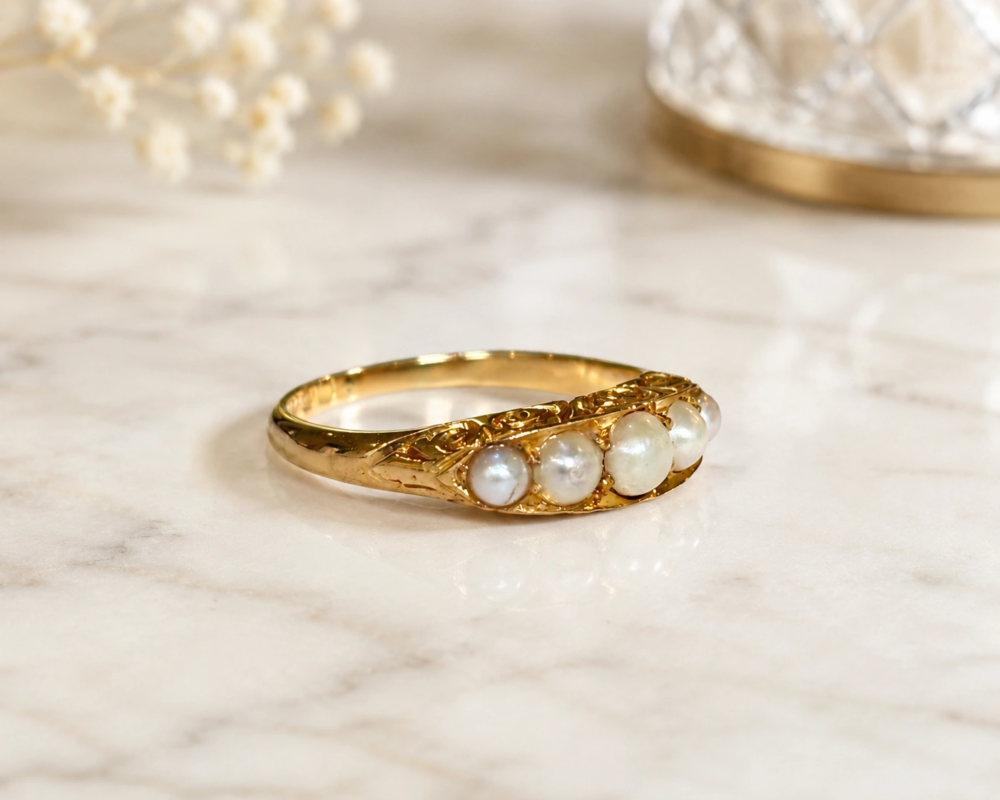 Victorian seed pearl half hoop ring in 18ct gold dated 1899. For sale in Leeds, side view of the ring