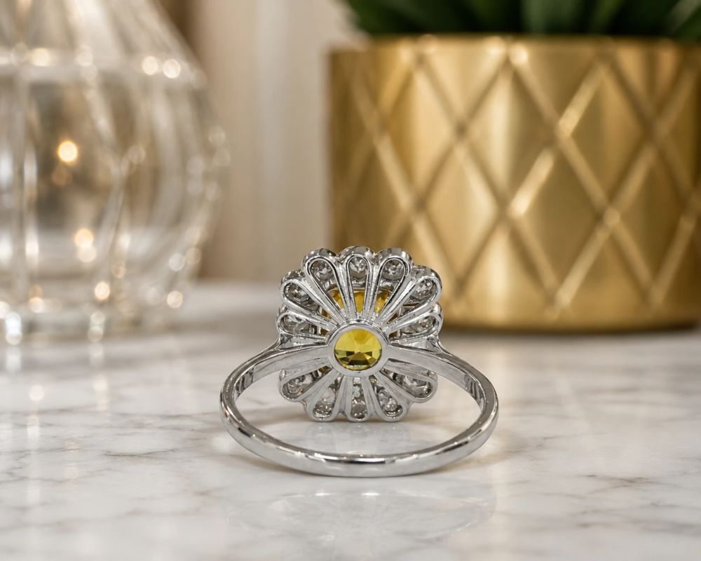 3ct yellow sapphire and diamond cluster ring for sale in Leeds, showing rear view of the ring