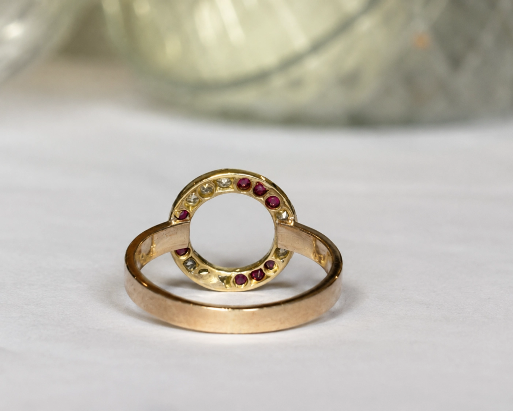 antique ruby and diamond halo ring for sale in Leeds showing rear view