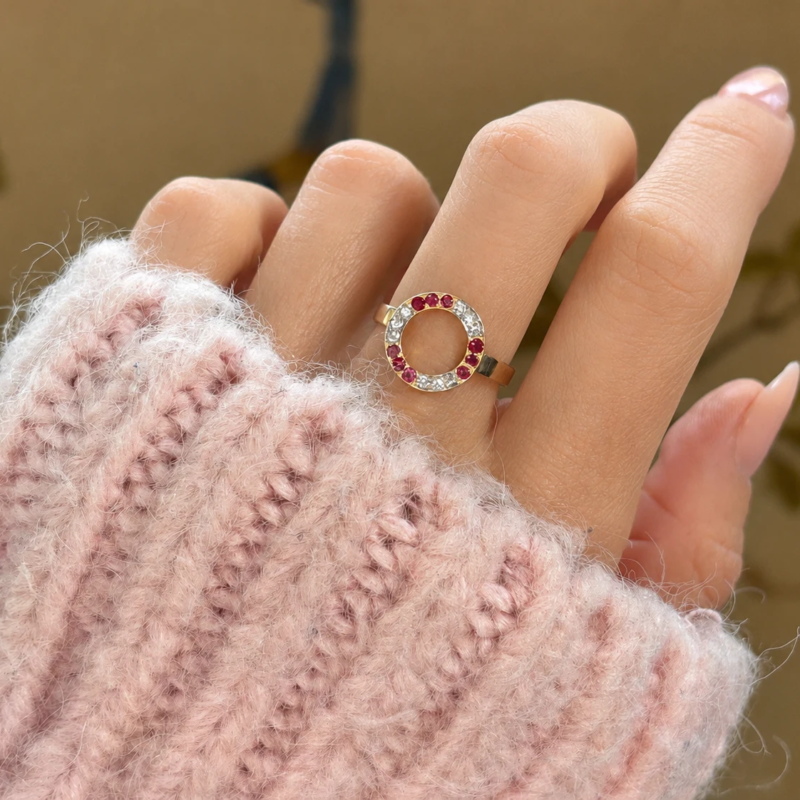 antique ruby and diamond halo ring for sale in Leeds on a model hand