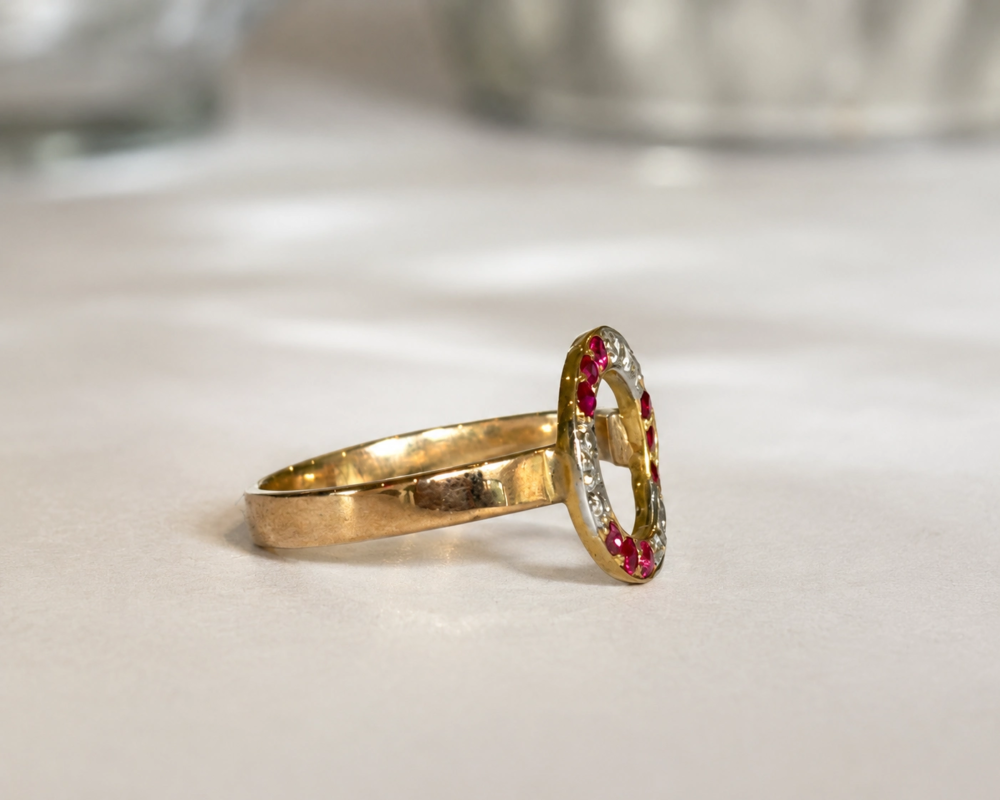 antique ruby and diamond halo ring for sale in Leeds showing side view