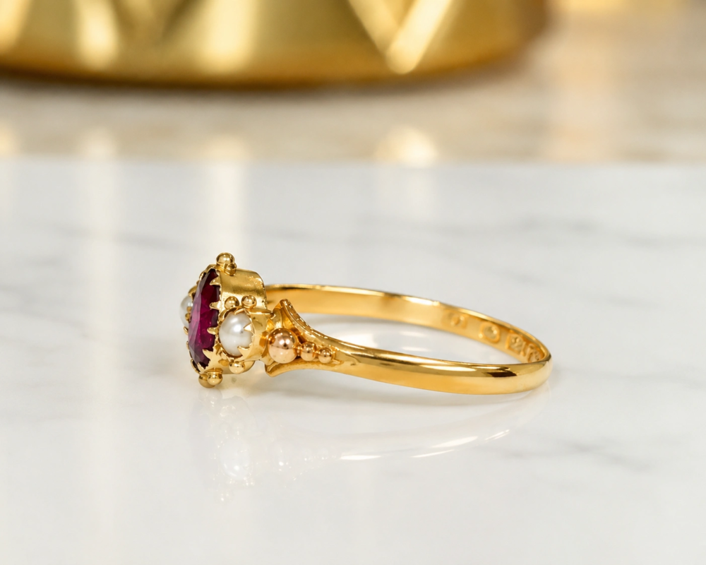 antique Victorian ruby and pearl ring in 18ct gold dated 1850 for sale in Leeds showing side of the ring