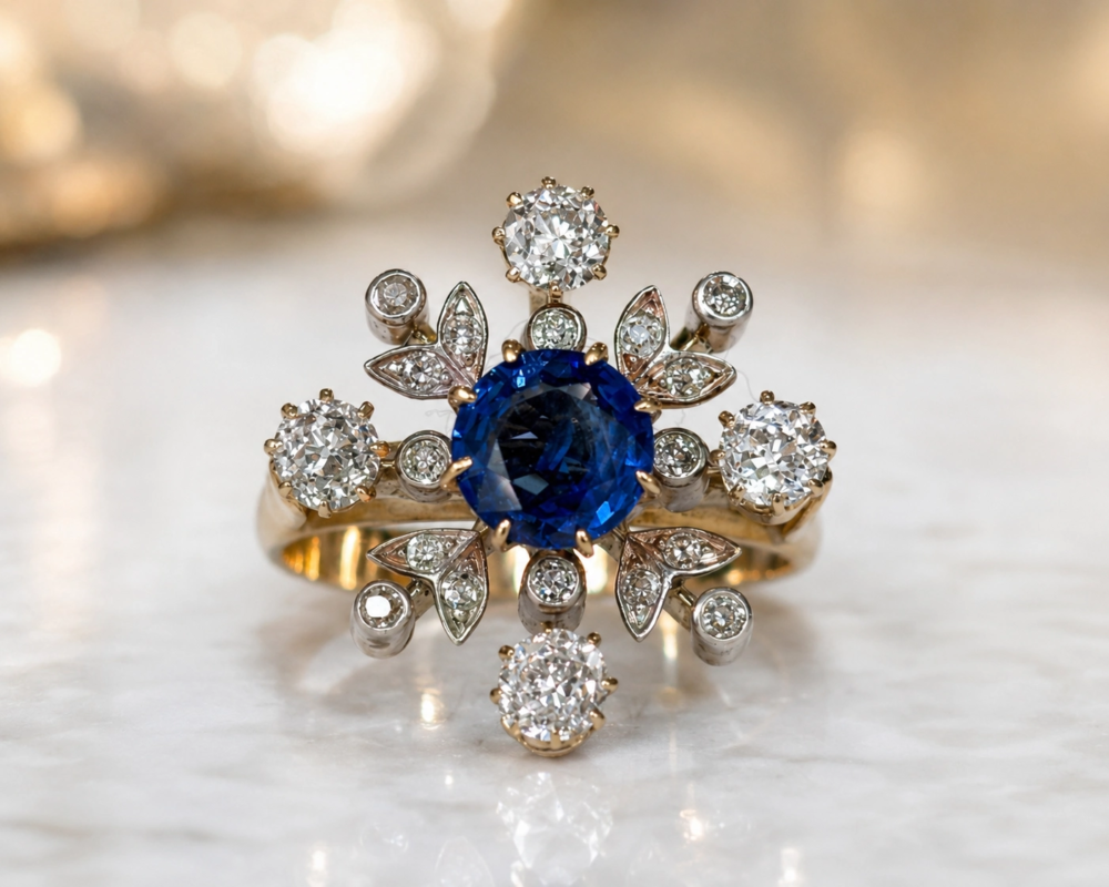 antique Edwardian sapphire and diamond cocktail ring in 18ct gold for sale in Leeds